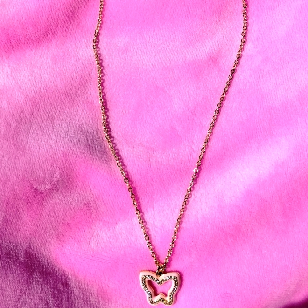 Pink Enamel & Crystal Butterfly Pendant Necklace - Picture 2 of 3